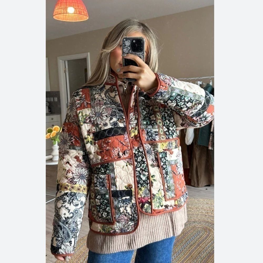 Red Quilted Padded Jacket Oversized Autumn Winter  Top Floral Cotton Coat L